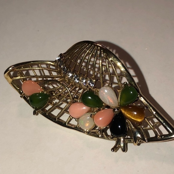 VTG Sunhat Brooch Opal Coral Jade Tigers Eye Onyx Gemstones & Rhinestones 2” - Picture 4 of 8